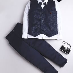 Fourfolds Woven Full Sleeves Floral Printed 3 Piece Party Suit Set With Bow - Navy Blue-image-95