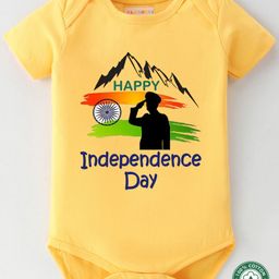 BLUSHES 100% Cotton Knit Independence Day Theme Half Sleeves Happy Independence Day Text Printed Onesie - Yellow-image-85