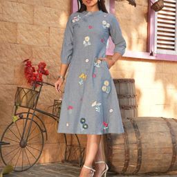 Golden Mirror Floral Embroidered Mandarin Collar Cotton A-Line Dress-image-66