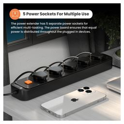 Portronics Power Plate 13 Multiplug Extension Board with 5 Power Sockets 1500W 2M Cord Length Short Circuit Protection-Black image 3