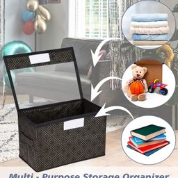 Kuber Industries Drawer Storage Box  Clothes Drawer Organizer with Handle  Transparent Lid with Velcro  Wardrobe Organizer for Books  Golden-Dot Dhakkan Storage Box  Large  Black image 4