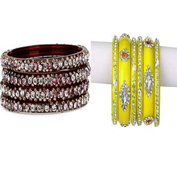 SOMIL Set Of 10 Maroon And Yellow Glass Artificial Stones and Beads Bangles-image-105