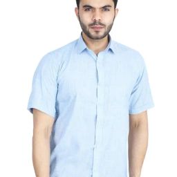 TAHVO Blue Linen Slim Fit Self Pattern Shirt-image-4