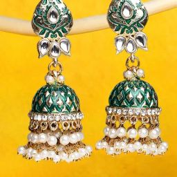OOMPH Green Meenakari Floral Design Jhumki Earrings-22