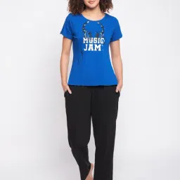 Clovia Blue & Green Cotton Printed T-Shirt With Pyjamas-picture-16