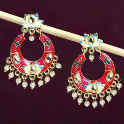 OOMPH Rani Pink Meenakari Floral Design Chand Bali Earrings-13