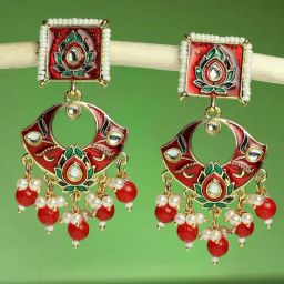 OOMPH Red Maroon Ethnic Meenakari Lotus Design Dangler Earrings-28