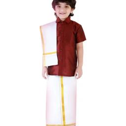 VASTRAMAY Kids Wine & White Shirt Mundu Set-image-26
