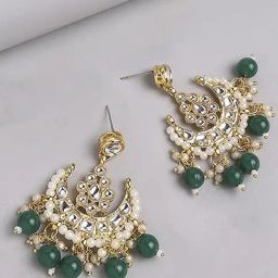OOMPH Green Beads & Kundan Ethnic Chand Bali Earrings-image-57