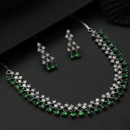 Aatmana Silver-Plated White & Green American Diamond Studded Necklace Set-37