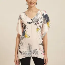 Qurvii Peach Floral Print V-Neck Kaftan Top-image-50