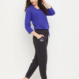 Clovia Blue & Grey Cotton Regular Fit Top With Pyjamas-image-9