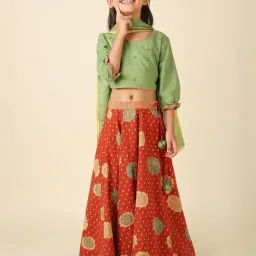 Fabindia Kids Green & Maroon Floral Print Lehenga, Choli with Dupatta-picture-35