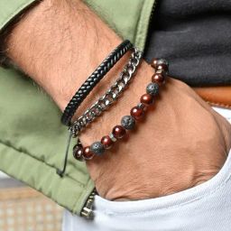 The Bro Code Black & Brown Beaded Metal and Leather Bracelet for Men - Pack of 3-image-4