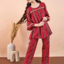 StyloBug Girls Red All over Print Kurti Set-image-54