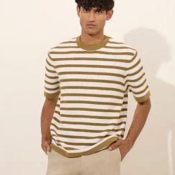 Ascot by Westside Dark Yellow Striped and Knitted Relaxed-Fit T-Shirt-image-78