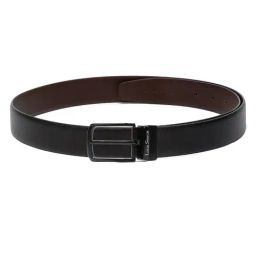 Louis Stitch Black Textured Leather Reversible Belt for Men-image-66