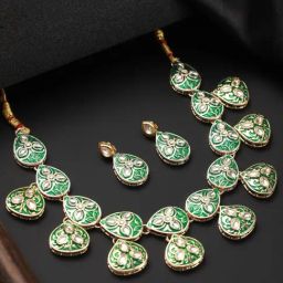 Aatmana Green & White Gold-Plated Enameled & Kundan Studded Necklace Set-picture-21
