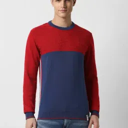 Peter England Casuals Red & Blue Cotton Regular Fit Colour Block Sweater-picture-38