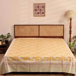 Fabindia Hamza Yellow Cotton Printed 116 TC Double Bed Cover-image-97