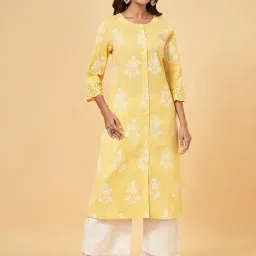 Rangmanch by Pantaloons Yellow Cotton Floral Print Straight Kurta-picture-42
