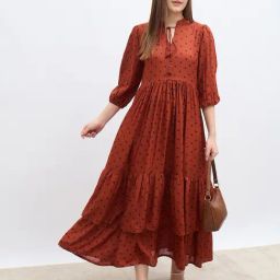 Styli Brown Synthetic Printed Tiered Maxi Dress-image-25