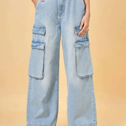 People by Pantaloons Blue Cotton Mid Rise Flared Jeans-image-81