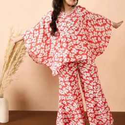 StyloBug Girls Red All over Print Kurti Set-image-55