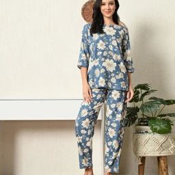 Ichaa Blue Rayon Floral 3/4th sleeves Night Suits-image-5