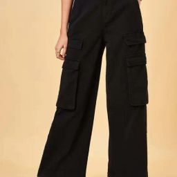 People by Pantaloons Jet Black Cotton Mid Rise Flared Jeans-image-82