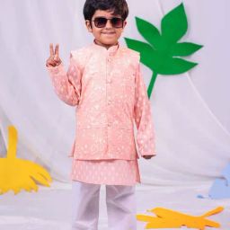 VASTRAMAY Boys Peach & White Cotton Printed Full Sleeves Kurta Sets-image-30