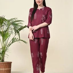 Ichaa Wine Rayon Floral 3/4th sleeves Night Suits-image-41