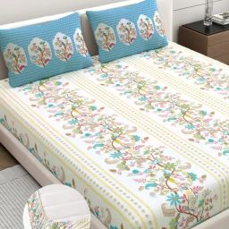 Dreamscape Blue Cotton Floral 200 TC King Fitted Bedsheet with 2 Pillow Covers-image-79