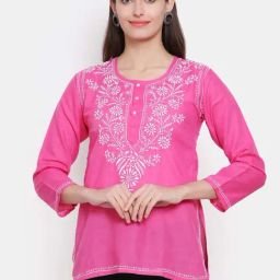 PARAMOUNT CHIKAN Hot Pink Cotton Chikankari Straight Kurti-image-83