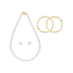 Sri Jagdamba Pearls White Verdant Pearl Necklace, Earring & Bangle Set for Women-image-7