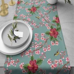 India Circus by Krsnaa Mehta Light Blue Blended Canvas 230 GSM Perching Floral Paradise Table Runner-37