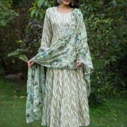 SCAKHI Green Cotton Printed Maxi Gown With Dupatta-image-15