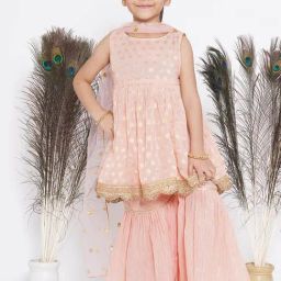 Little Bansi Kids Peach Printed Kurta, Sharara with Dupatta-image-32