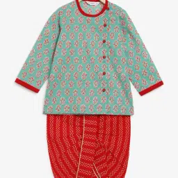Campana Kids Sage Green & Red Printed Full Sleeves Kurta with Dhoti-image-64