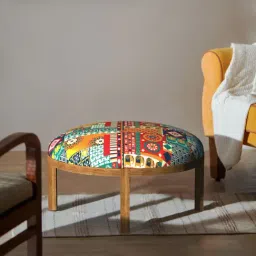 Chumbak Bohemian Swirls Printed Multicolor Sheesham Wood Ottoman-image-97