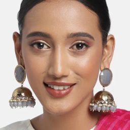 Zaveri Pearls Grey Stones & Beads Ethnic Antique Gold Tone Jhumki Earrings-ZPFK9871-37