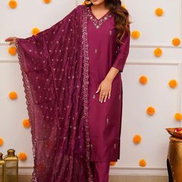 Moda Rapido Floral Embroidered V-Neck Straight Kurta With Trousers And Dupatta-10