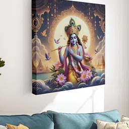Myntra Elegant Homes Gold-Toned & Pink Canvas Religious Lord Krishna Wall Art-image-24