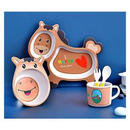 Vellique Cartoon Animal Horse Shaped Bamboo Dinnerware Mealtime Plate and Bowl Set for Kids Toddler Plate Bowl Cup Spoon Fork Eco Friendly Non Toxic Feeding Baby Utensil Set of 5 Pcs - Multicolor-28