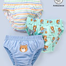 Babyhug 100% Cotton Knit Anti Bacterial Briefs Striped & Bear Print Pack of 3 - Blue & Green-image-91