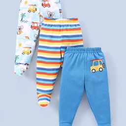 Babyhug Cotton Knit Footed Length Bootie Leggings Striped & Cars Print Pack of 3 - Multicolour-image-43