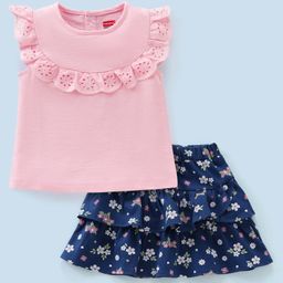 Babyhug 100% Cotton Knit Sleeveless Tops and Layered Skirt Set with Lace & Bow Detailing Floral Print - Pink & Navy-image-45