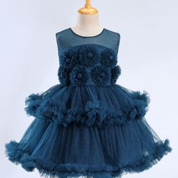 Bluebell Sleeveless Party Dress with Floral Corsage & Net Detailing - Blue-image-10