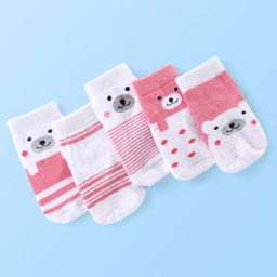 Cute Walk by Babyhug Anti Bacterial Ankle Length Teddy Design Socks Pack of 5 - Pink & White-image-15