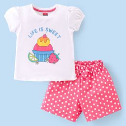 Babyhug Cotton Knit Single Jersey Half Sleeves Night Suit With Ice Cream Print - White & Pink-image-99